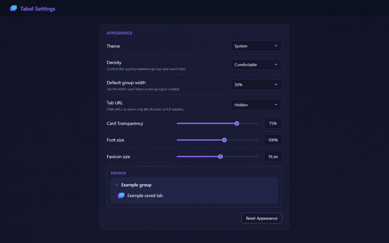 Tabel Settings showing appearance controls and a live preview
