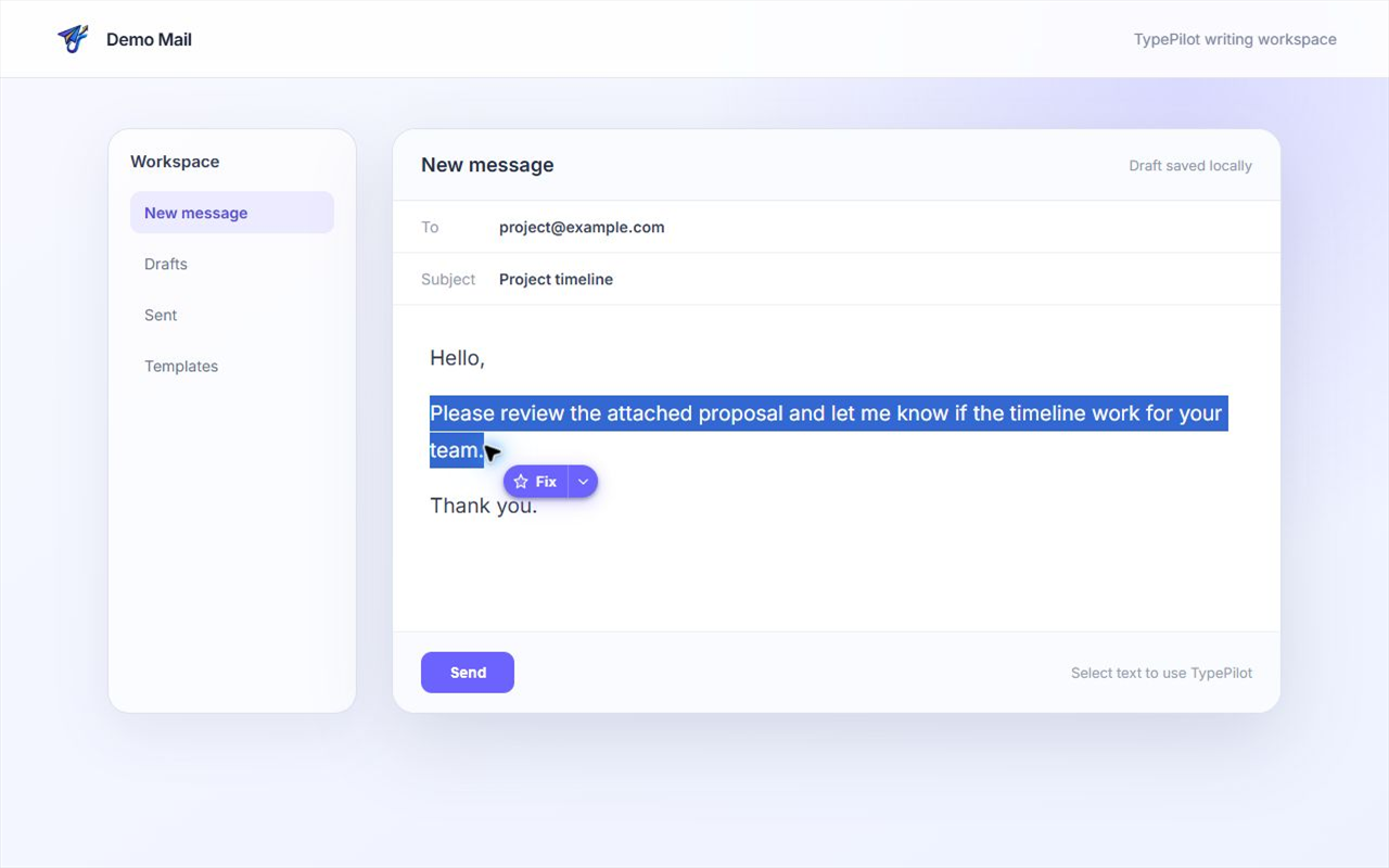 TypePilot Fix button beside selected text in an email editor